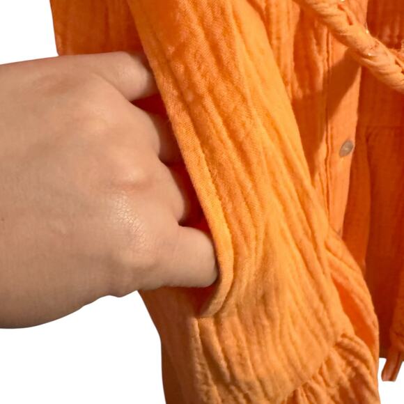 NWT Magaschoni thigh length full sleeve button up orange cream dress Size M - Picture 8 of 12